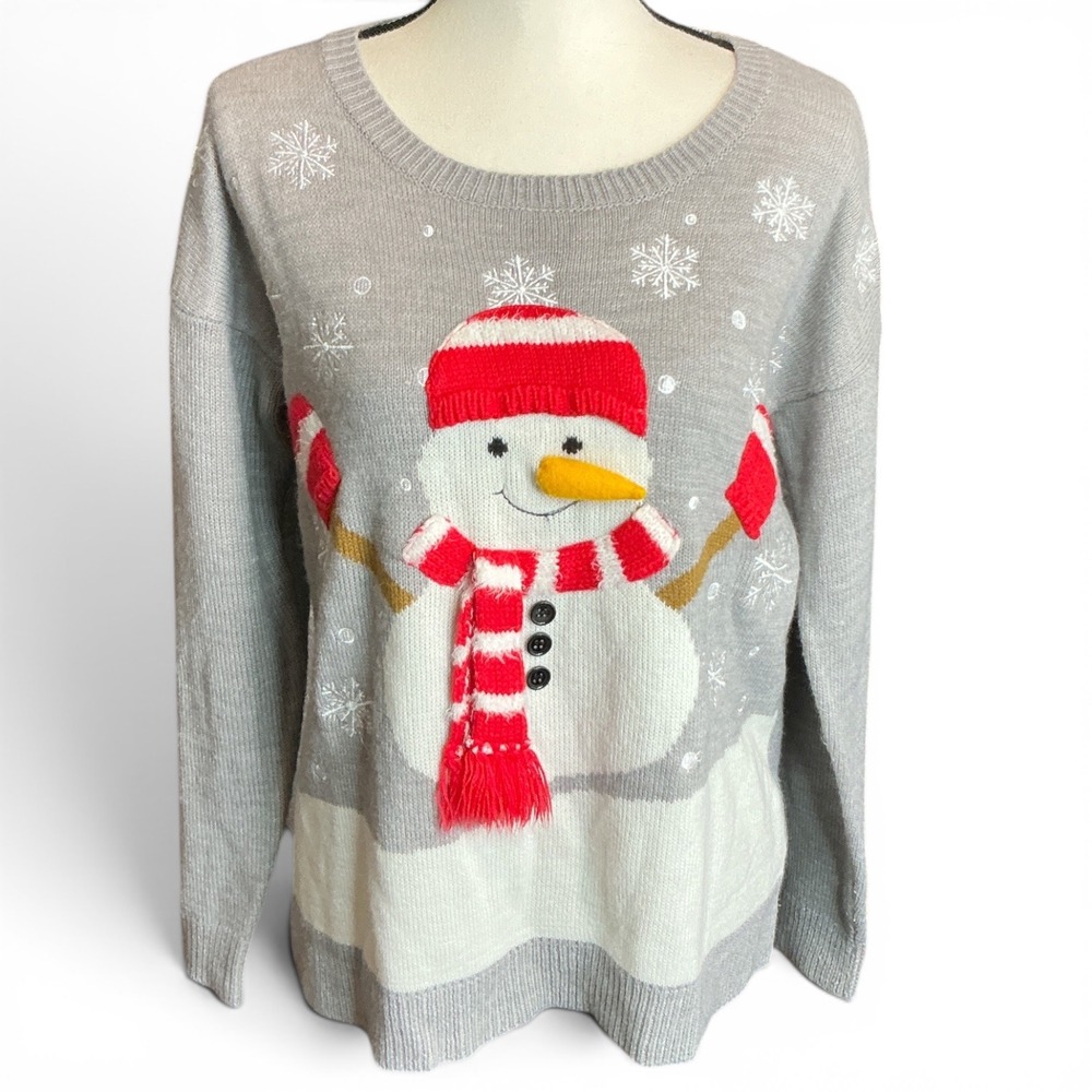 Reference Point Gray Snowman Holiday Sweater Womens Large 3D Scarf Snowflake